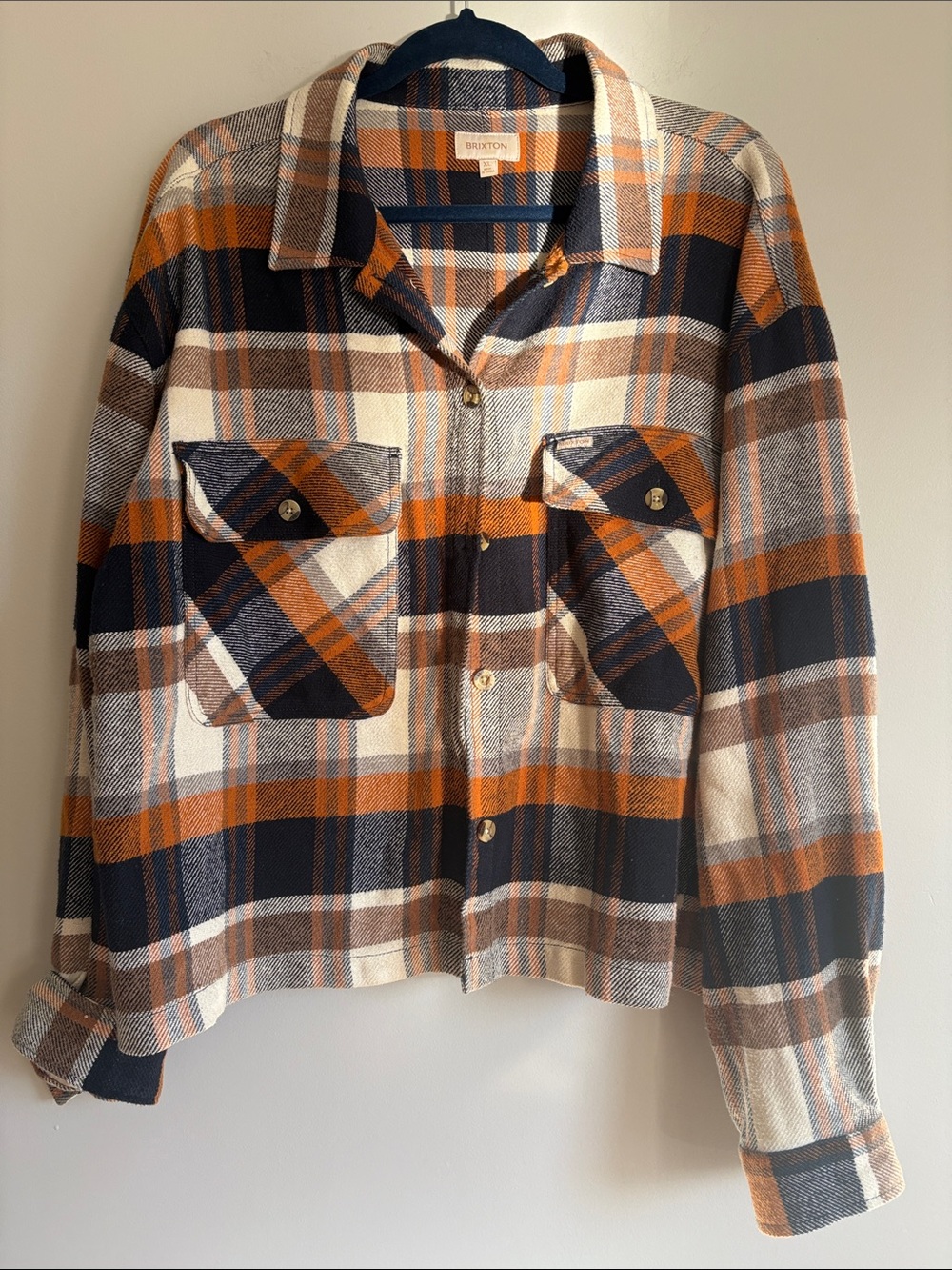 Brixton Plaid Flannel Shacket Oversized Button Up Rust Navy Cream XL